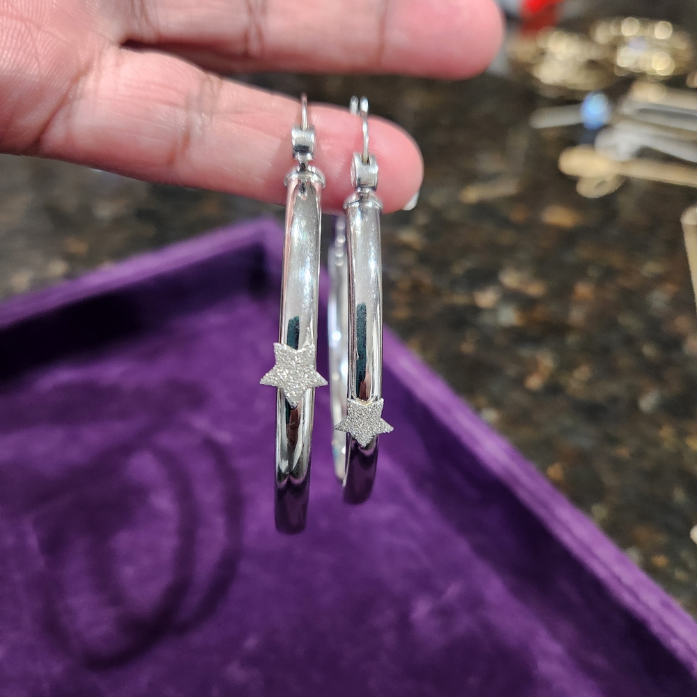 Simone I Smith Shimmering Silver Star Hoop Earrings